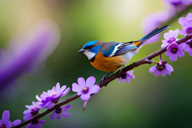 A bird sits on a branch with purple flowers.