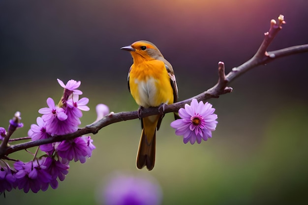 A bird sits on a branch with purple flowers.