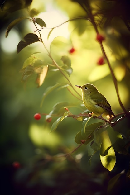 A bird sits on a branch with red berries in the background