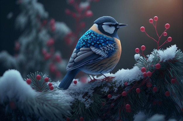 A bird sits on a branch with snow and berries.