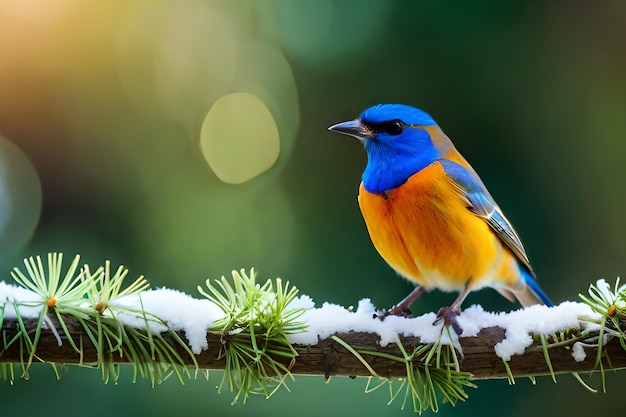 A bird sits on a branch with snow on it.