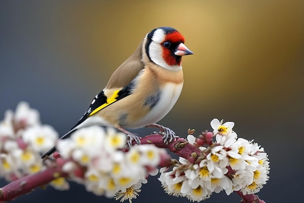 A bird sits on a branch with white flowers.