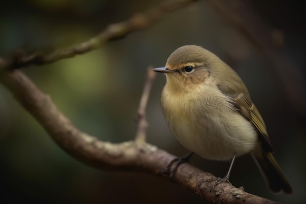 A bird sits on a branch in the woods.