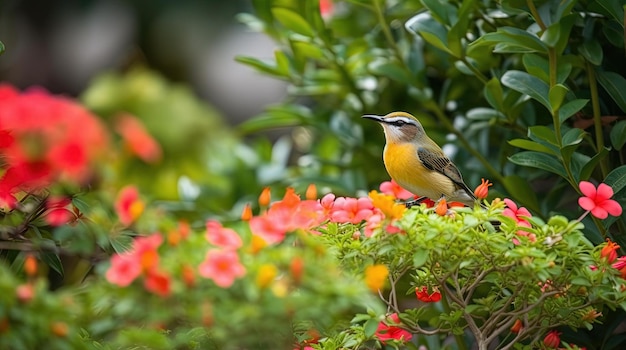 鳥が庭の茂みに座っています。