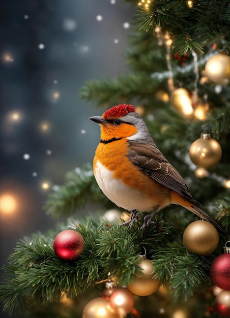 a bird sits on a christmas tree with a christmas tree in the background