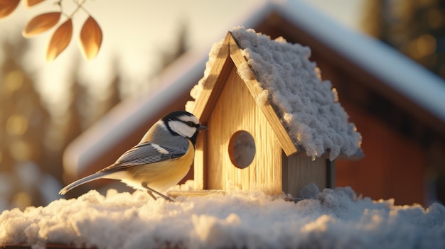 A bird sits on a fence post perched gracefully as the snowy landscape provides a stunning backdrop Generative AI