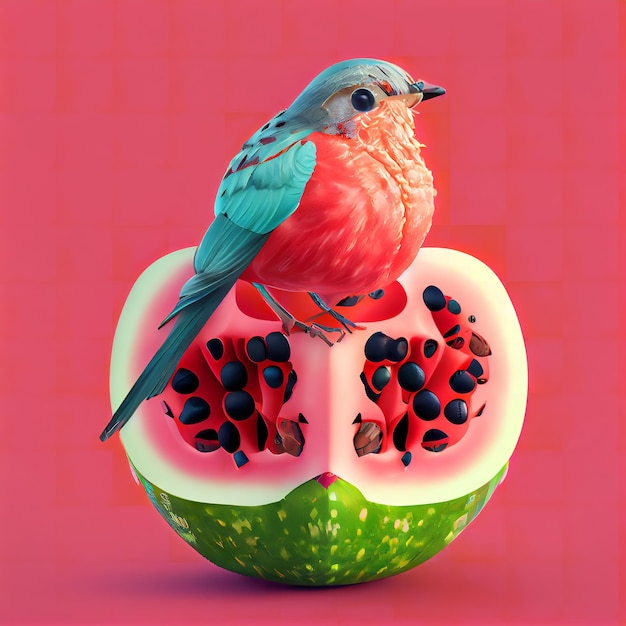 A bird sits on a fruit with a pink background.