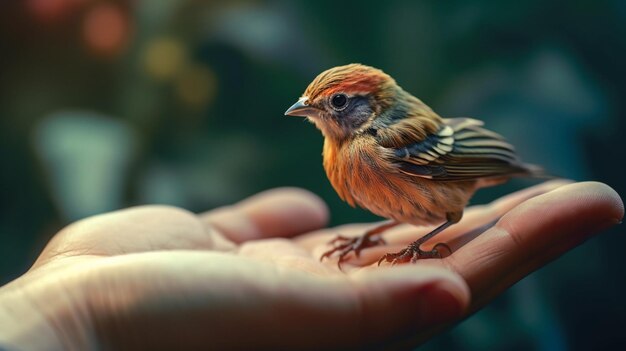 A bird sits on a handgenerative ai