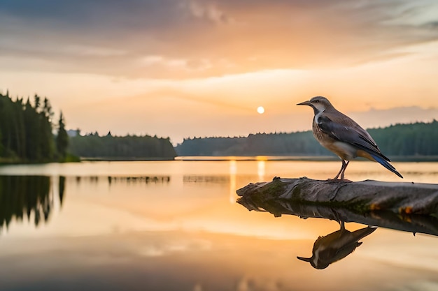 夕暮れ時に鳥が湖の前の丸太に座っています。