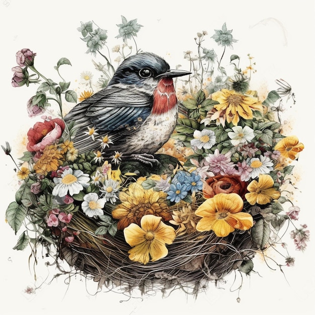 A bird sits in a nest of flowers.