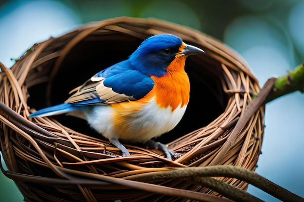 A bird sits in a nest that has a blue and orange body.