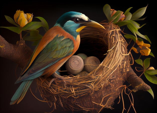 A bird sits in a nest with eggs and a yellow flower.