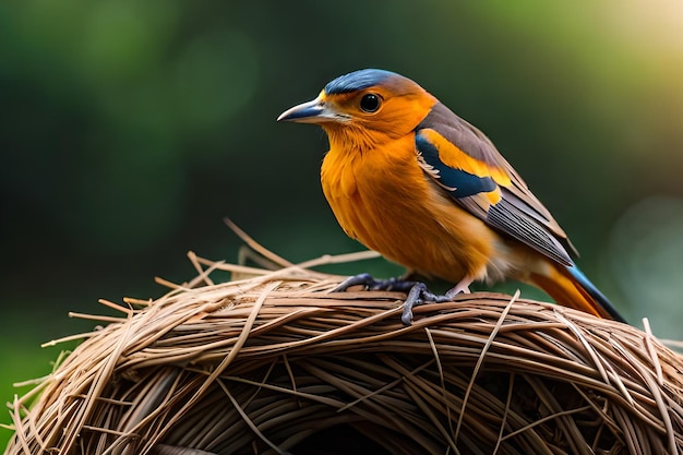 A bird sits on a nest with a green background