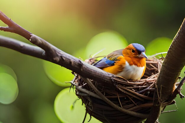 A bird sits in a nest with a green background.