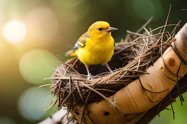 鳥が巣を横にして巣に座っています。