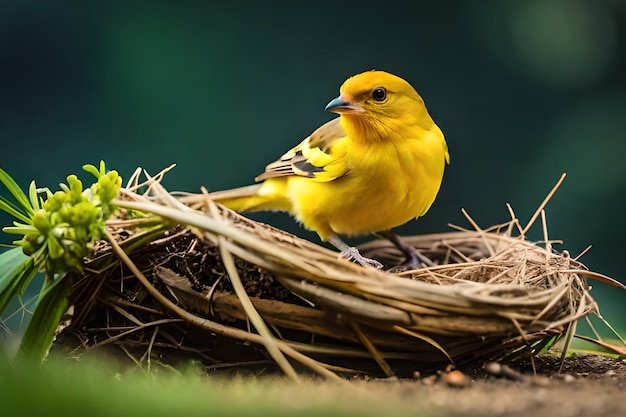 「bird」という文字が書かれた巣に鳥が座っています。