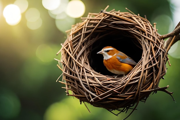 A bird sits in a nest with the word nest on it.