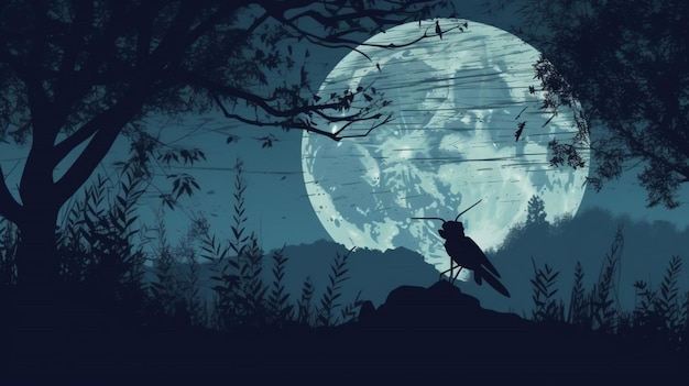 A bird sits on a rock in front of a full moon.