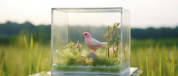 A bird sits on a rock in a glass box.