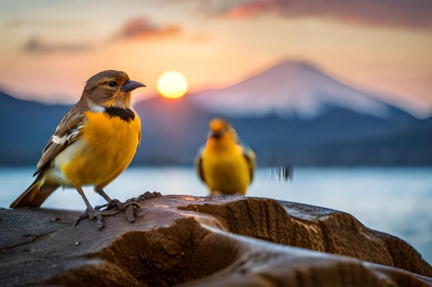 A bird sits on a rock with a mountain in the background