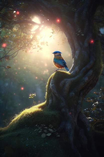 A bird sits on a tree in the forest.