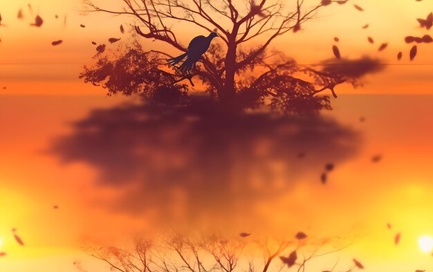 A bird sits on a tree in a sunset