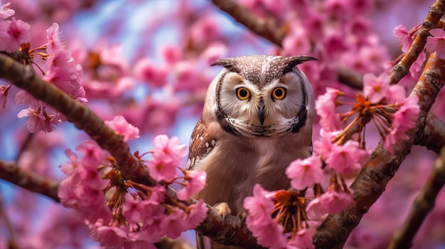 Птица сидит на дереве с розовыми цветами.