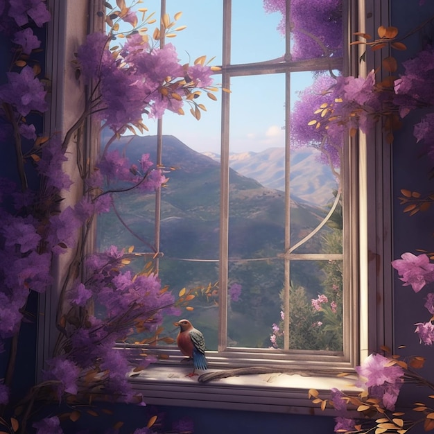 A bird sits on a window sill of a mountain landscape.