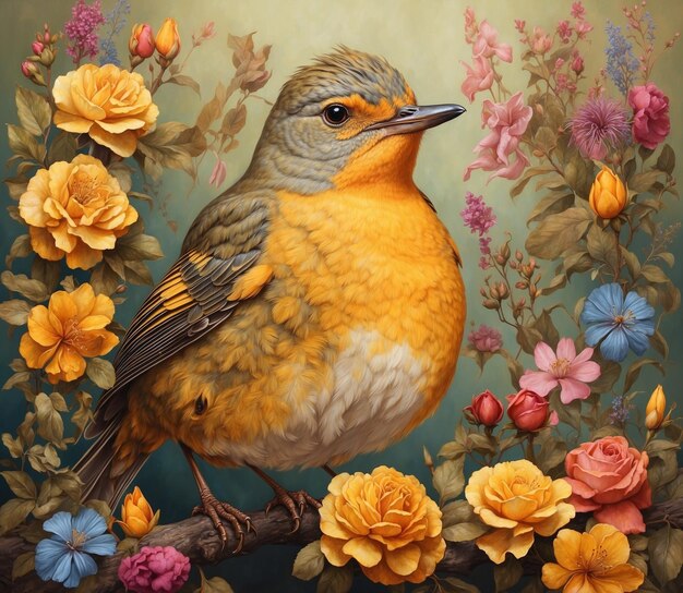 Bird sitting on a branch in the garden with flowers Digital painting