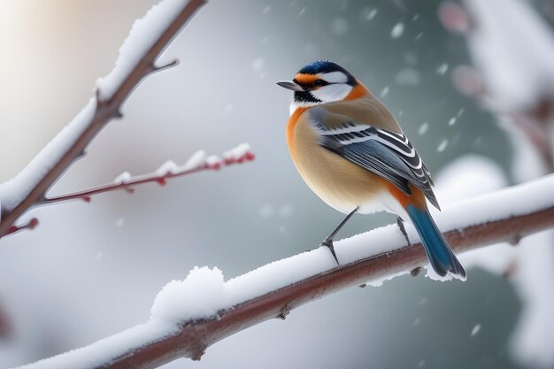 雪 の 中 で 枝 に 座っ て いる 鳥