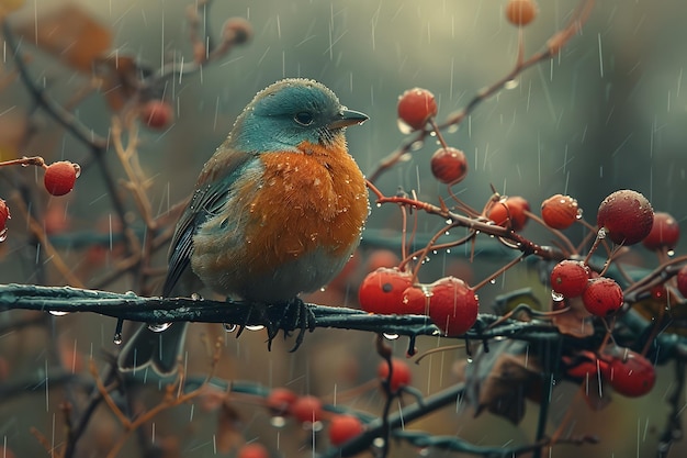 Bird Sitting on Branch With Berries