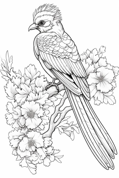 a bird sitting on a branch with flowers in the background generative ai