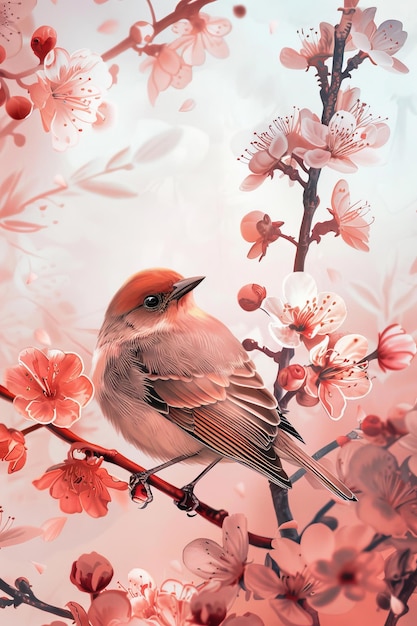 Bird Sitting on Branch With Flowers