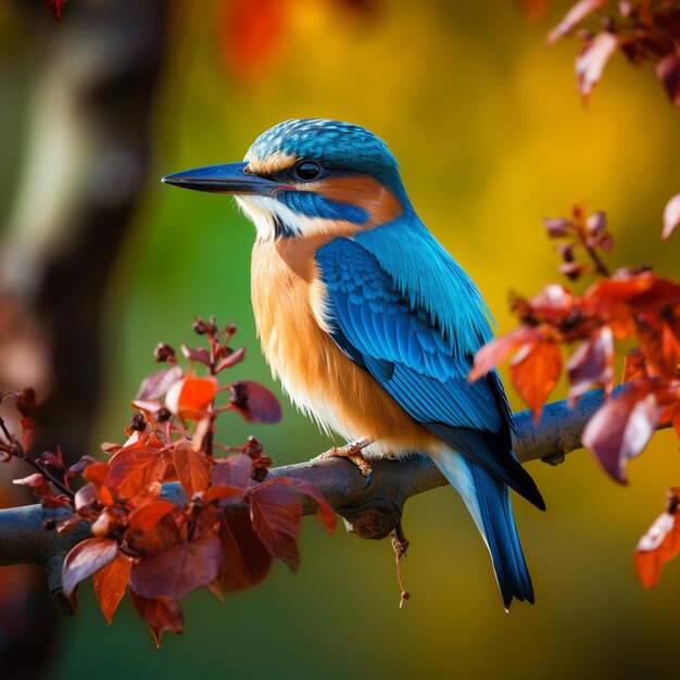 Bird sitting on a branch with red leaves in the background