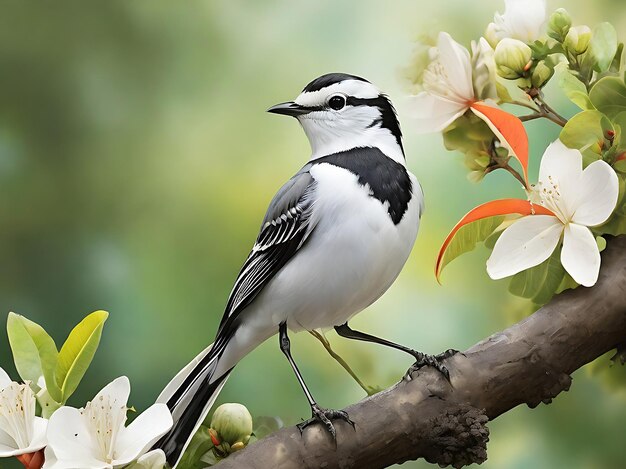 花の木の枝に座っている鳥