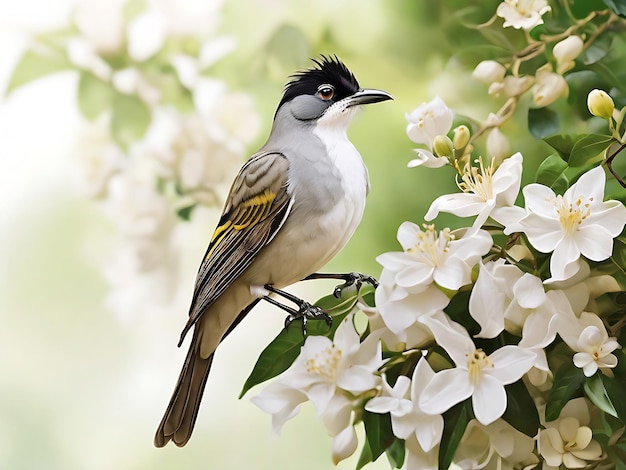 花の木の枝に座っている鳥