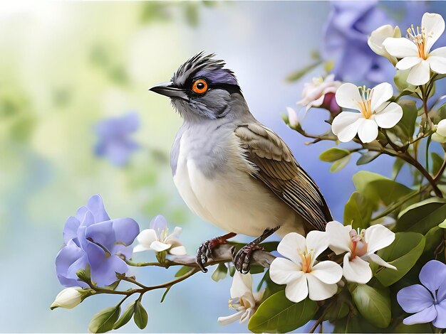 花の木の枝に座っている鳥