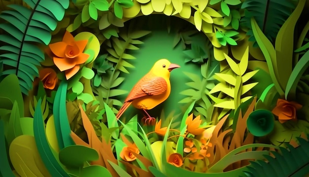 Bird sitting in a forest paper cut out effect