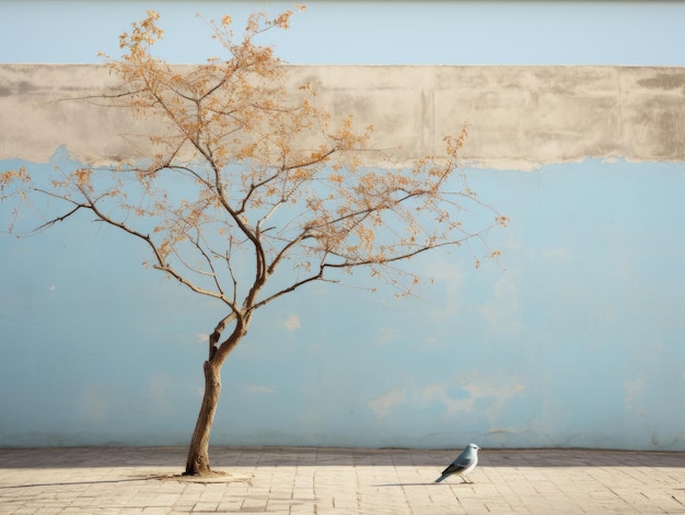 a bird sitting on the ground next to a tree