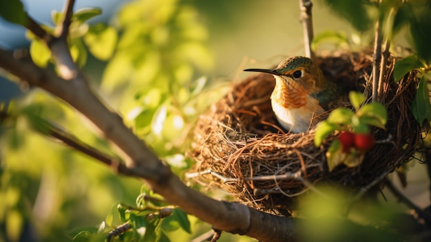 a bird sitting in a nest on a tree branch