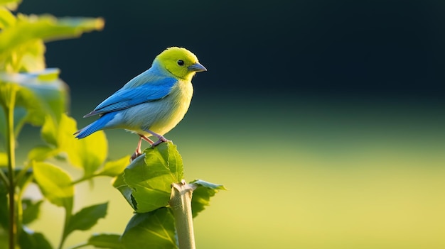 Птица сидит на зеленом листе на цветном фоне.