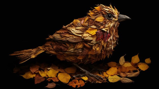 A bird sitting on top of a pile of leaves