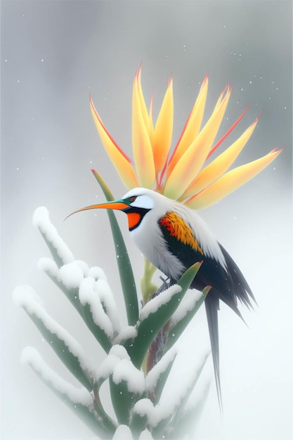 Bird sitting on top of a snow covered plant generative ai