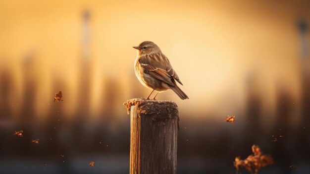 A bird sitting on top of a wooden post Hyper realistic photo With cinematic lighting