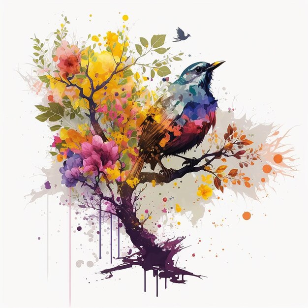 A bird sitting on a tree splash water color painting Ai Generative image