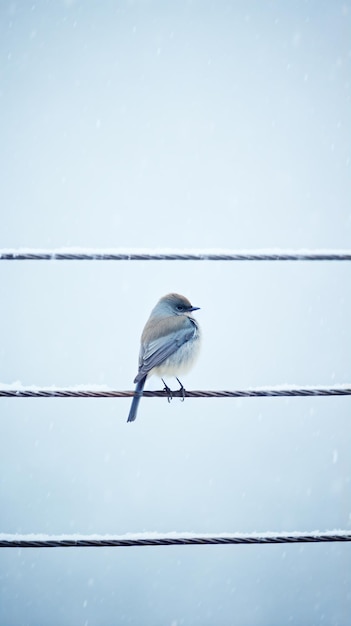 a bird sitting on a wire with snow falling around it