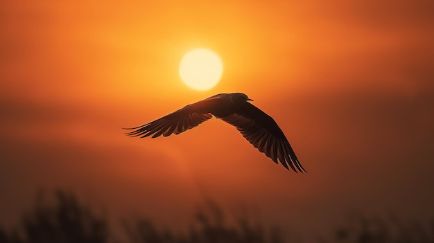 A bird in the sky with the sun behind it