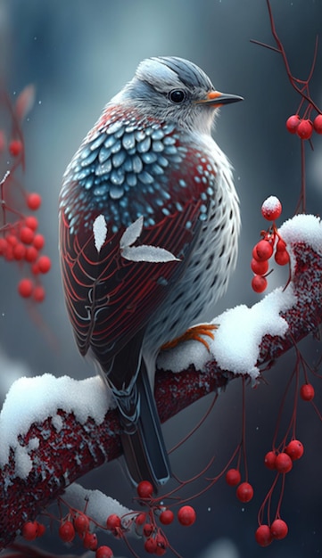 A bird on a snowy branch with red berries