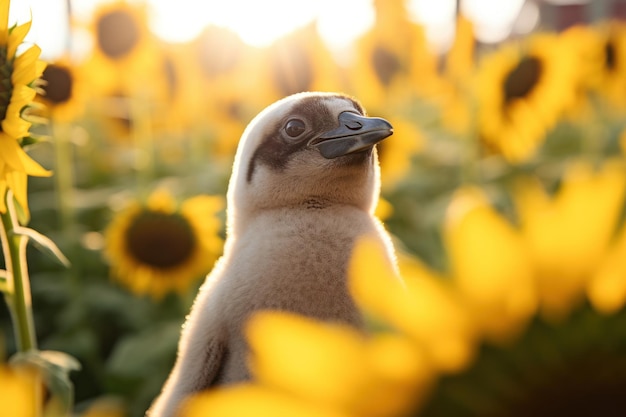 Foto un uccello in piedi in un campo di girasoli