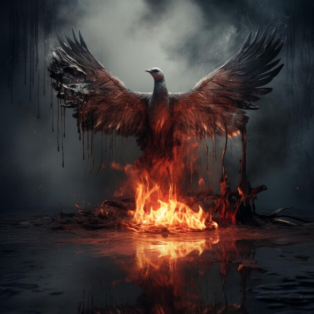 a bird standing on fire